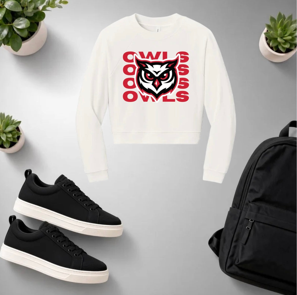 Stacked Owls Cropped Crewneck
